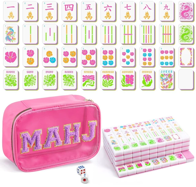 Main image of Soulchen Hot Pink Flowers American Mahjong Tiles Accessory | 1.2 in White Melamine Mahjong Tiles, Waterproof PVC Clear Zippered Storage Carrying Bag for Game Mahjong Lover Travel Party