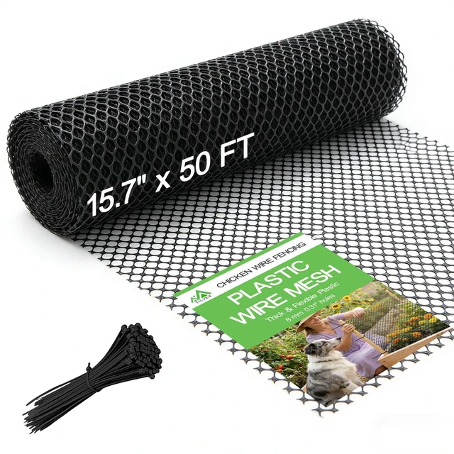 Main image of Tilvex 15.7" x50' Plastic Mesh Fence Roll, Heavy Duty Chicken Wire | Upgraded Thick Animal Barrier for Garden, Balcony Railing Safety Net, Poultry Netting with 20 Zip Ties, Black