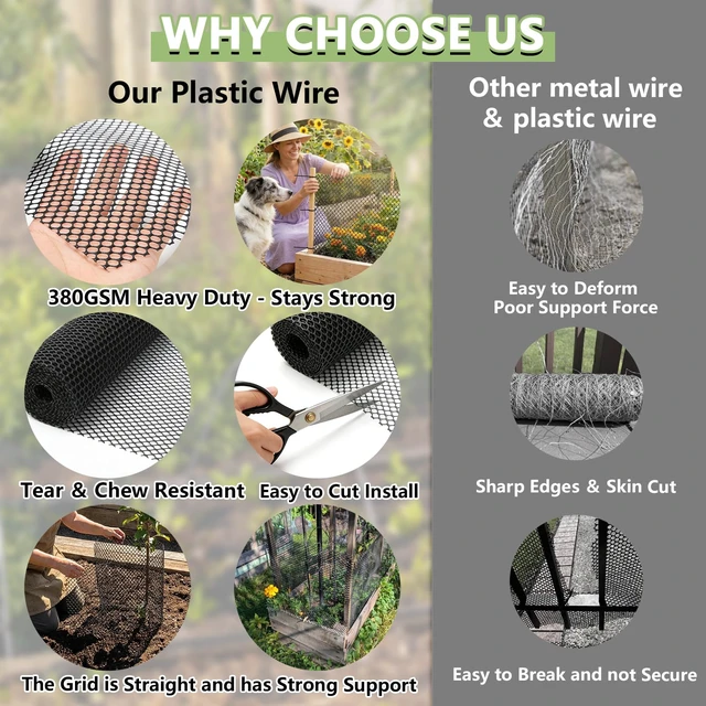 Alt view image 2 of 7 - Tilvex 15.7" x50' Plastic Mesh Fence Roll, Heavy Duty Chicken Wire | Upgraded Thick Animal Barrier for Garden, Balcony Railing Safety Net, Poultry Netting with 20 Zip Ties, Black