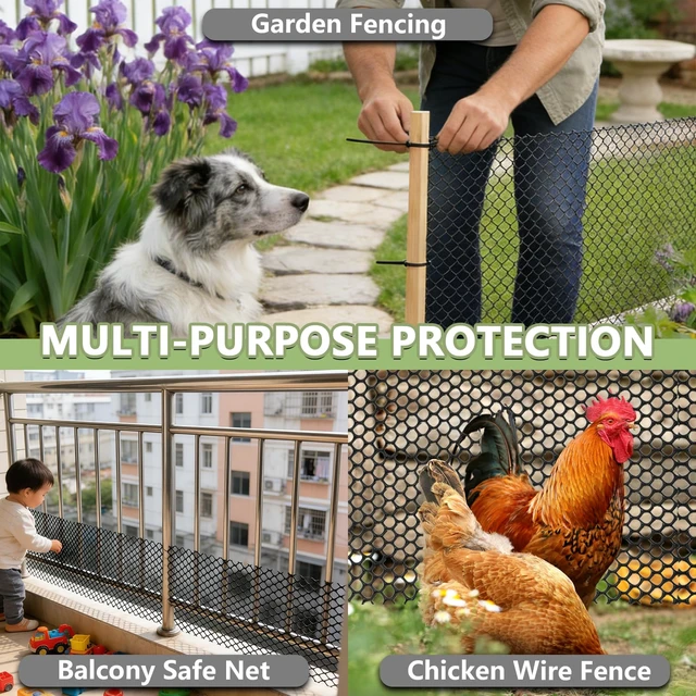 Alt view image 3 of 7 - Tilvex 15.7" x50' Plastic Mesh Fence Roll, Heavy Duty Chicken Wire | Upgraded Thick Animal Barrier for Garden, Balcony Railing Safety Net, Poultry Netting with 20 Zip Ties, Black