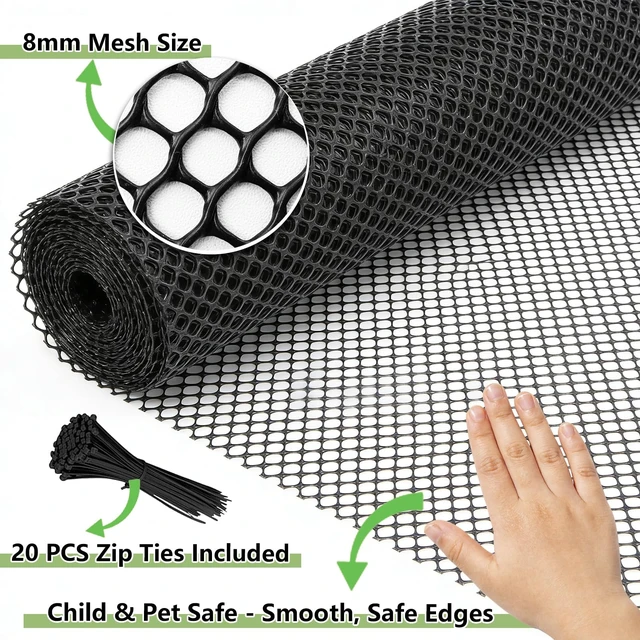 Alt view image 4 of 7 - Tilvex 15.7" x50' Plastic Mesh Fence Roll, Heavy Duty Chicken Wire | Upgraded Thick Animal Barrier for Garden, Balcony Railing Safety Net, Poultry Netting with 20 Zip Ties, Black