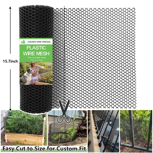 Alt view image 5 of 7 - Tilvex 15.7" x50' Plastic Mesh Fence Roll, Heavy Duty Chicken Wire | Upgraded Thick Animal Barrier for Garden, Balcony Railing Safety Net, Poultry Netting with 20 Zip Ties, Black