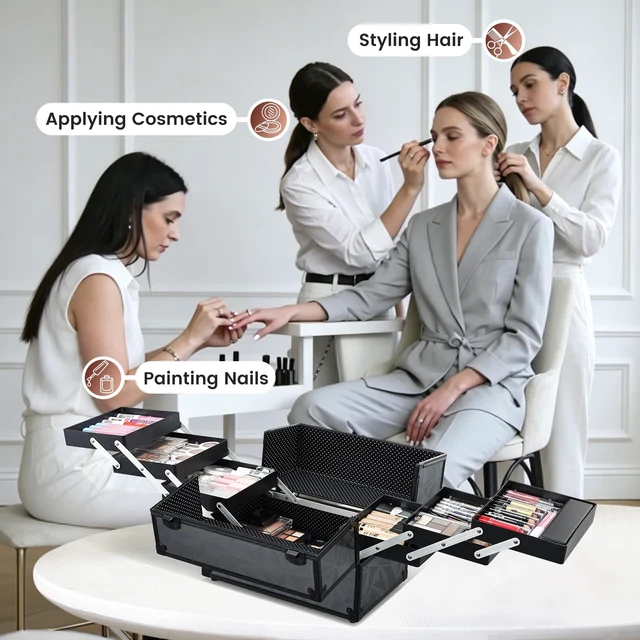 Alt view image 2 of 7 - FRENESSA Makeup Train Case Makeup Case 11.8 Inch Large Cosmetic Box Organizer Travel Storage Professional Make Up Train Carrying Case with 6 Trays Locking Hard Vanity Storage Dark Black