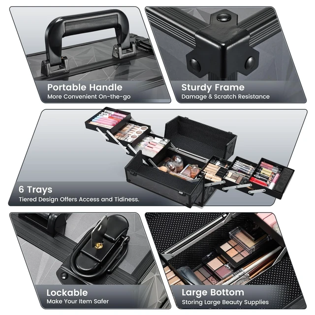 Alt view image 3 of 7 - FRENESSA Makeup Train Case Makeup Case 11.8 Inch Large Cosmetic Box Organizer Travel Storage Professional Make Up Train Carrying Case with 6 Trays Locking Hard Vanity Storage Dark Black