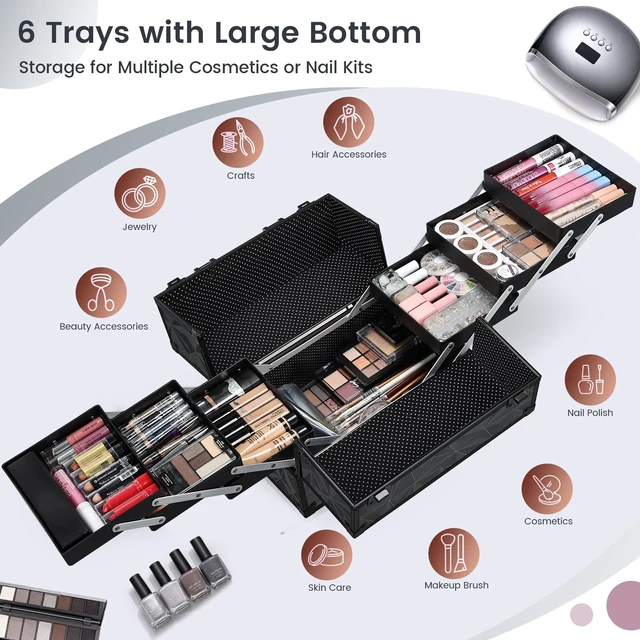 Alt view image 4 of 7 - FRENESSA Makeup Train Case Makeup Case 11.8 Inch Large Cosmetic Box Organizer Travel Storage Professional Make Up Train Carrying Case with 6 Trays Locking Hard Vanity Storage Dark Black