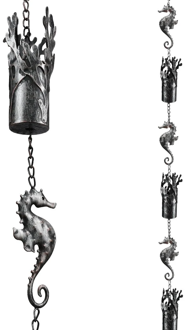 Main image of Aifeorzo 8.5 FT Rain Chains for Gutters, Ocean Themed Seahorse Rain Chain | Decorative and Functional Coral Cylinder Rain Catcher Chain for Downspouts, Metal Rain Chimes for Outside Garden Yard Decor