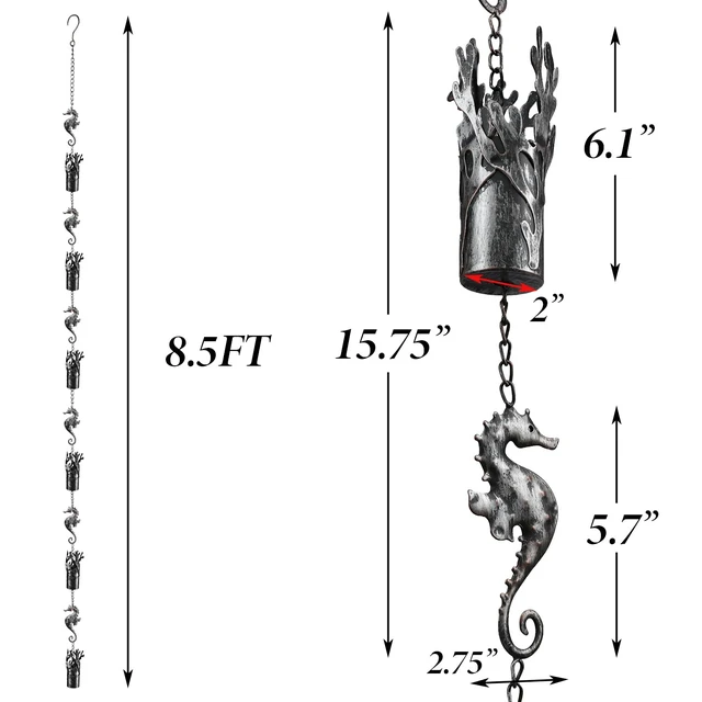 Alt view image 2 of 7 - Aifeorzo 8.5 FT Rain Chains for Gutters, Ocean Themed Seahorse Rain Chain | Decorative and Functional Coral Cylinder Rain Catcher Chain for Downspouts, Metal Rain Chimes for Outside Garden Yard Decor