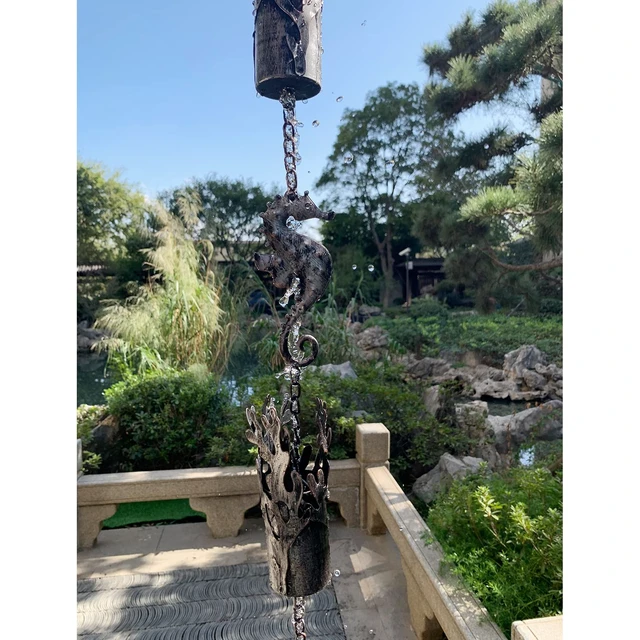 Alt view image 3 of 7 - Aifeorzo 8.5 FT Rain Chains for Gutters, Ocean Themed Seahorse Rain Chain | Decorative and Functional Coral Cylinder Rain Catcher Chain for Downspouts, Metal Rain Chimes for Outside Garden Yard Decor