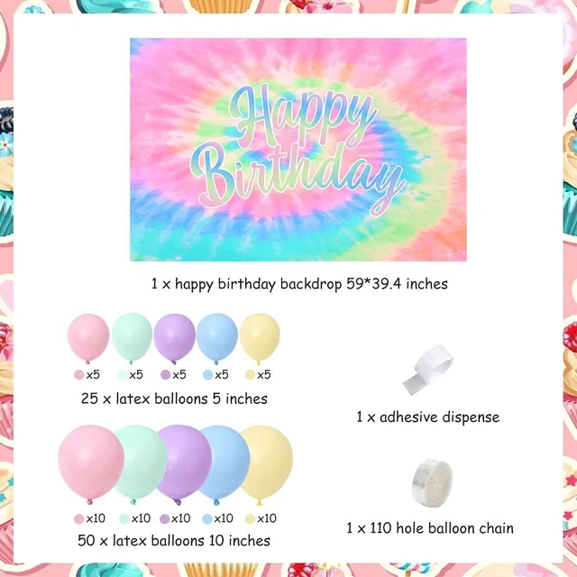 Alt view image 8 of 12 - Tie Dye Birthday Decorations for Girls - Macaron Color Balloon Garland Kit With Happy Birthday Backdrop - Theme Party Supplies Set