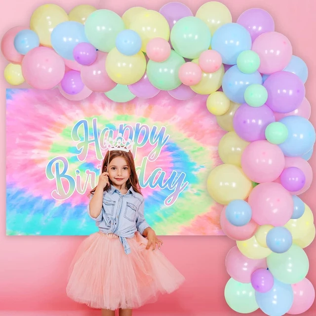 Alt view image 10 of 12 - Tie Dye Birthday Decorations for Girls - Macaron Color Balloon Garland Kit With Happy Birthday Backdrop - Theme Party Supplies Set