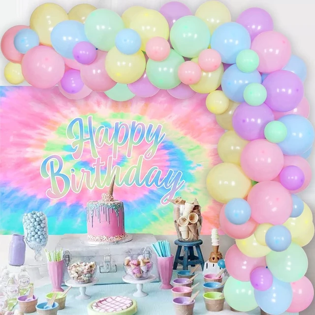 Alt view image 12 of 12 - Tie Dye Birthday Decorations for Girls - Macaron Color Balloon Garland Kit With Happy Birthday Backdrop - Theme Party Supplies Set