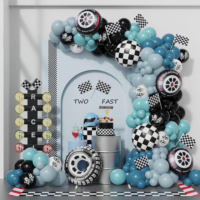 Alt view image 8 of 14 - Race Car Balloon Garland Arch Kit 166PCS Dusty Blue Black Latex Balloon Wheel Checkered Foil Balloons for Race Car Two Fast Birthday Party Decorations