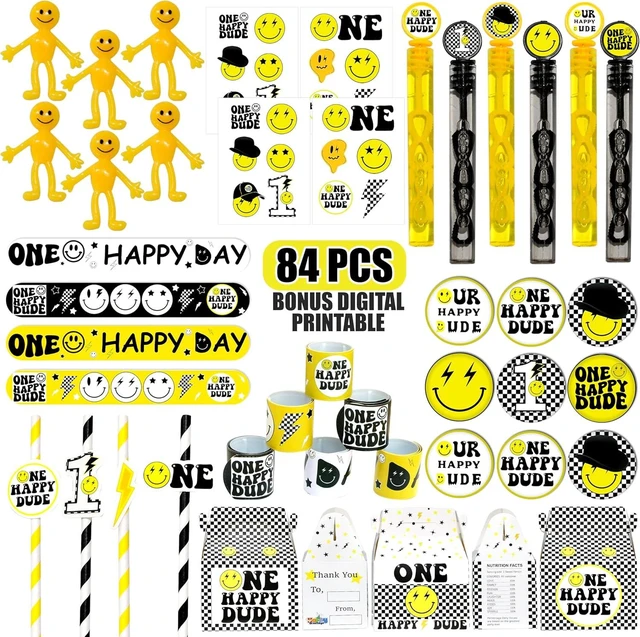 Alt view image 7 of 12 - 84 Pcs One Happy Dude Birthday Party Favor, 12 Set of Smile Face Theme Gift Box Straw Bubble Stickers Smile Badge Pin for First Birthday Party Supply