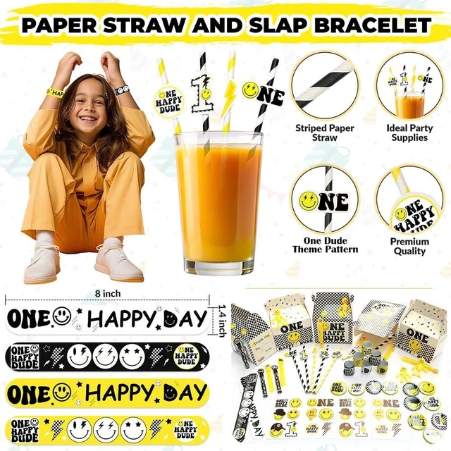 Alt view image 10 of 12 - 84 Pcs One Happy Dude Birthday Party Favor, 12 Set of Smile Face Theme Gift Box Straw Bubble Stickers Smile Badge Pin for First Birthday Party Supply