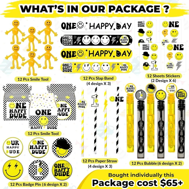 Alt view image 8 of 12 - 84 Pcs One Happy Dude Birthday Party Favor, 12 Set of Smile Face Theme Gift Box Straw Bubble Stickers Smile Badge Pin for First Birthday Party Supply