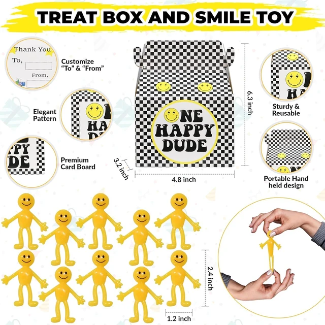 Alt view image 9 of 12 - 84 Pcs One Happy Dude Birthday Party Favor, 12 Set of Smile Face Theme Gift Box Straw Bubble Stickers Smile Badge Pin for First Birthday Party Supply