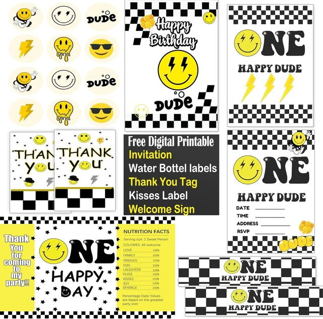 Alt view image 12 of 12 - 84 Pcs One Happy Dude Birthday Party Favor, 12 Set of Smile Face Theme Gift Box Straw Bubble Stickers Smile Badge Pin for First Birthday Party Supply