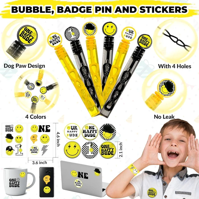 Alt view image 11 of 12 - 84 Pcs One Happy Dude Birthday Party Favor, 12 Set of Smile Face Theme Gift Box Straw Bubble Stickers Smile Badge Pin for First Birthday Party Supply