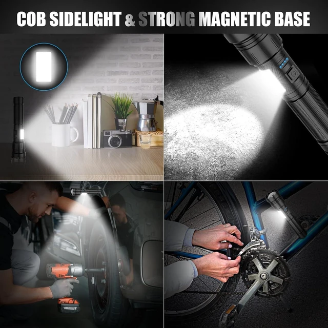 Alt view image 8 of 12 - Magnetic Rechargeable Flashlight High Lumens, Super Bright LED Flash Light with COB Work Light, USB C, 7 Modes, Zoomable, IPX6 Waterproof Tactical Pocket Flashlights for Emergency Camping