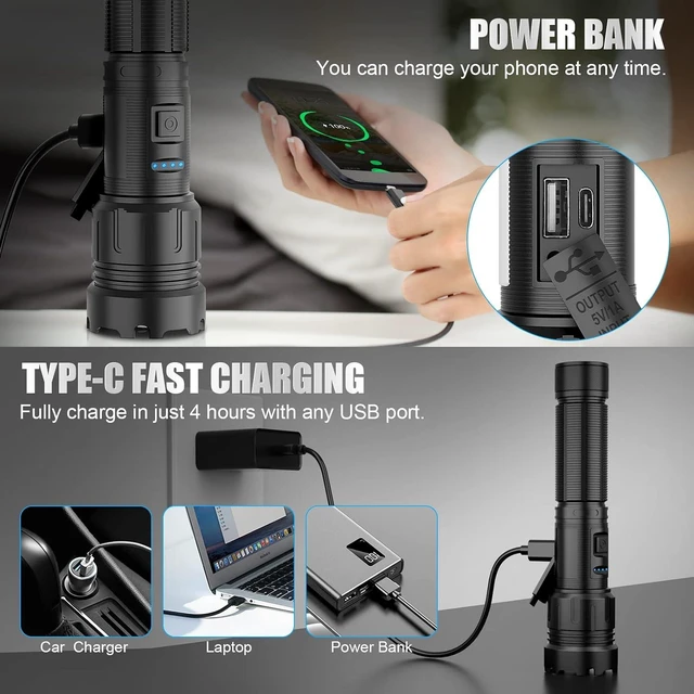Alt view image 9 of 12 - Magnetic Rechargeable Flashlight High Lumens, Super Bright LED Flash Light with COB Work Light, USB C, 7 Modes, Zoomable, IPX6 Waterproof Tactical Pocket Flashlights for Emergency Camping