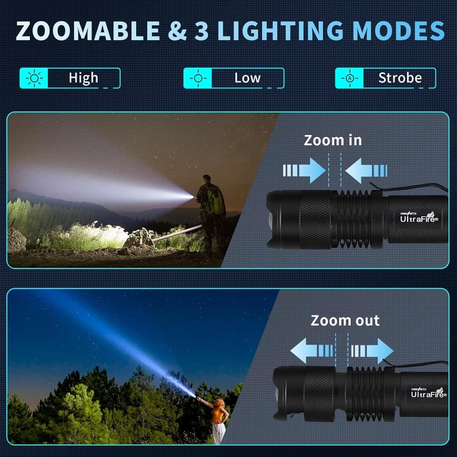 Alt view image 10 of 14 - ULTRAFIRE 5 Pack SK68 Tactical and Small Flashlights,7w 3-Mode Pocket Torch Adjustable Focus Zoom Light Lamp
