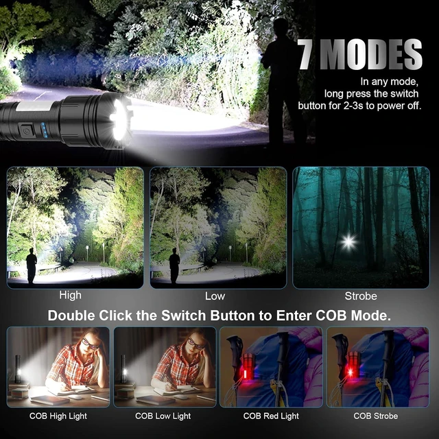 Alt view image 11 of 12 - Magnetic Rechargeable Flashlight High Lumens, Super Bright LED Flash Light with COB Work Light, USB C, 7 Modes, Zoomable, IPX6 Waterproof Tactical Pocket Flashlights for Emergency Camping