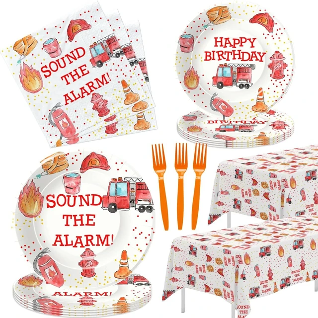 Alt view image 8 of 14 - Fire Truck Birthday Party Supplies Tableware - Firefighter Party Supplies, Firetruck Birthday Decorations, Include Plate, Napkin, Tablecloth, Fork, Fireman Party Decorations | Serve 24