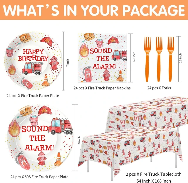 Alt view image 9 of 14 - Fire Truck Birthday Party Supplies Tableware - Firefighter Party Supplies, Firetruck Birthday Decorations, Include Plate, Napkin, Tablecloth, Fork, Fireman Party Decorations | Serve 24
