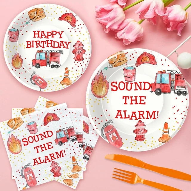 Alt view image 11 of 14 - Fire Truck Birthday Party Supplies Tableware - Firefighter Party Supplies, Firetruck Birthday Decorations, Include Plate, Napkin, Tablecloth, Fork, Fireman Party Decorations | Serve 24