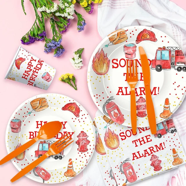 Alt view image 10 of 14 - Fire Truck Birthday Party Supplies Tableware - Firefighter Party Supplies, Firetruck Birthday Decorations, Include Plate, Napkin, Tablecloth, Fork, Fireman Party Decorations | Serve 24