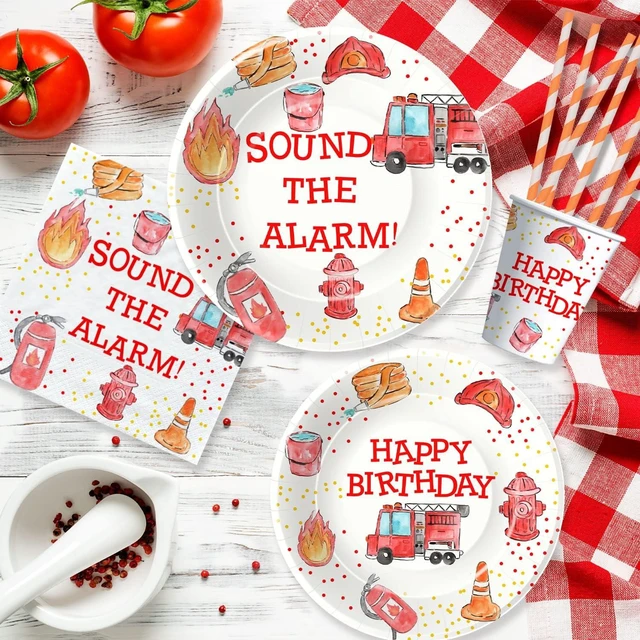 Alt view image 13 of 14 - Fire Truck Birthday Party Supplies Tableware - Firefighter Party Supplies, Firetruck Birthday Decorations, Include Plate, Napkin, Tablecloth, Fork, Fireman Party Decorations | Serve 24