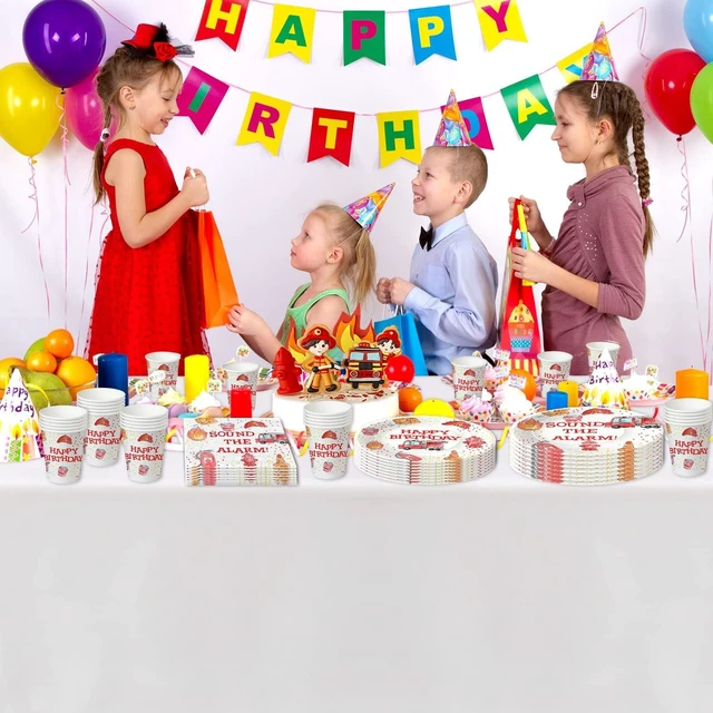 Alt view image 12 of 14 - Fire Truck Birthday Party Supplies Tableware - Firefighter Party Supplies, Firetruck Birthday Decorations, Include Plate, Napkin, Tablecloth, Fork, Fireman Party Decorations | Serve 24