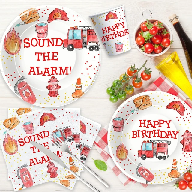 Alt view image 10 of 14 - Fire Truck Birthday Party Supplies - Firetruck Firefighter Birthday Party Decorations Tableware Include 9" Fire Truck Party Plates, 7" Plate, Cups, Napkins, Fireman Party Supplies | Serve 48