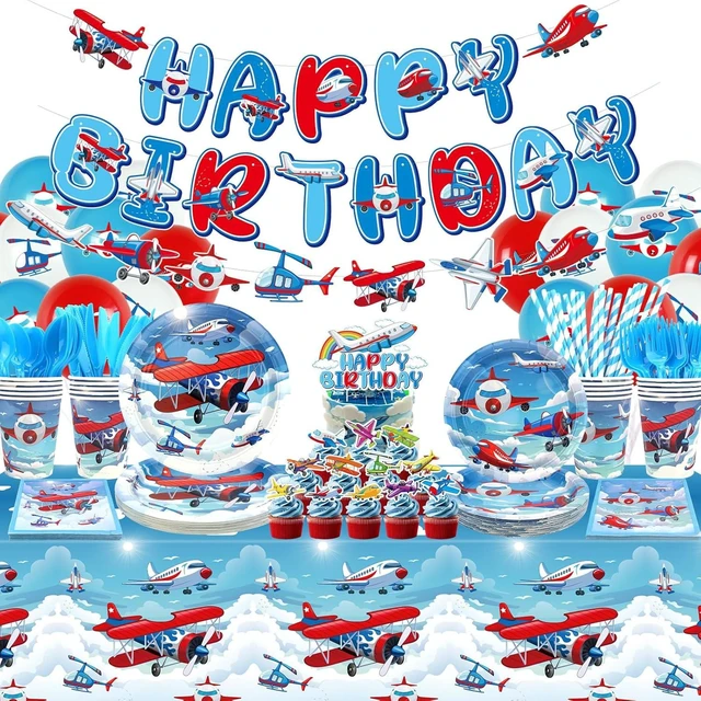Alt view image 8 of 14 - Airplane Birthday Party Decorations - Airplane Party Supplies, Plates Cups Napkins Tablecloth Happy Birthday Banner Balloon Cake Toppers for Plane Theme Party Baby Shower Supplies