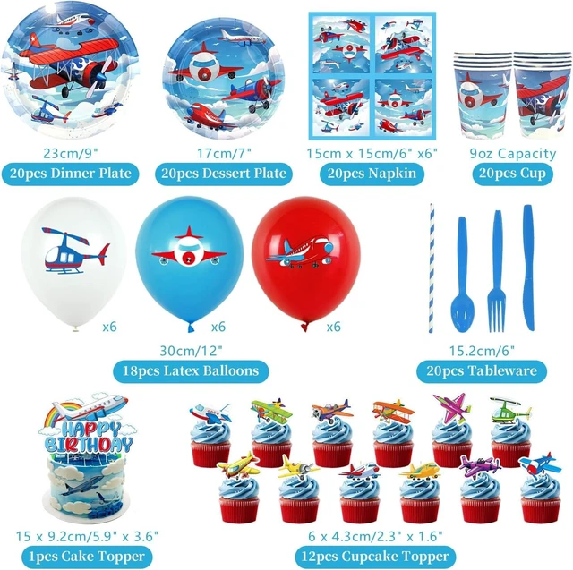 Alt view image 9 of 14 - Airplane Birthday Party Decorations - Airplane Party Supplies, Plates Cups Napkins Tablecloth Happy Birthday Banner Balloon Cake Toppers for Plane Theme Party Baby Shower Supplies