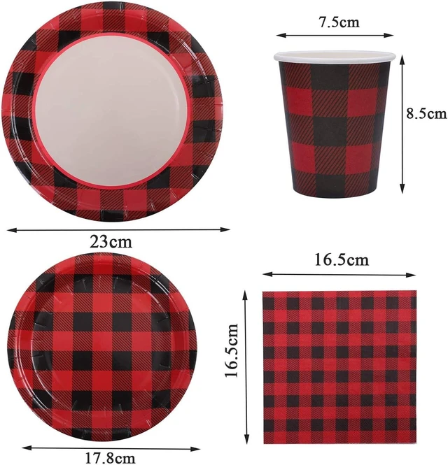 Alt view image 9 of 14 - Aneco 122 Pieces Red and Black Buffalo Plaid Party Supplies Disposable Party Tableware Set 7 and 9 Inches Paper Plates Cups Napkins for 24 Guests