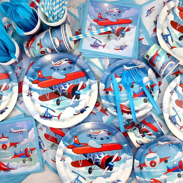 Alt view image 12 of 14 - Airplane Birthday Party Decorations - Airplane Party Supplies, Plates Cups Napkins Tablecloth Happy Birthday Banner Balloon Cake Toppers for Plane Theme Party Baby Shower Supplies
