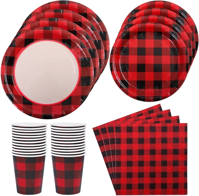 Alt view image 8 of 14 - Aneco 122 Pieces Red and Black Buffalo Plaid Party Supplies Disposable Party Tableware Set 7 and 9 Inches Paper Plates Cups Napkins for 24 Guests