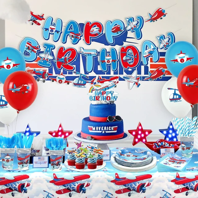 Alt view image 14 of 14 - Airplane Birthday Party Decorations - Airplane Party Supplies, Plates Cups Napkins Tablecloth Happy Birthday Banner Balloon Cake Toppers for Plane Theme Party Baby Shower Supplies