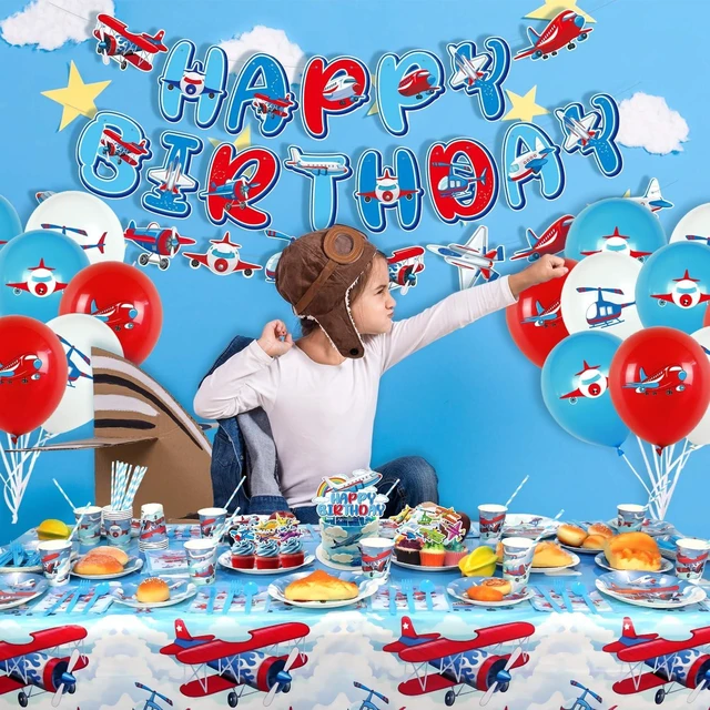 Alt view image 13 of 14 - Airplane Birthday Party Decorations - Airplane Party Supplies, Plates Cups Napkins Tablecloth Happy Birthday Banner Balloon Cake Toppers for Plane Theme Party Baby Shower Supplies