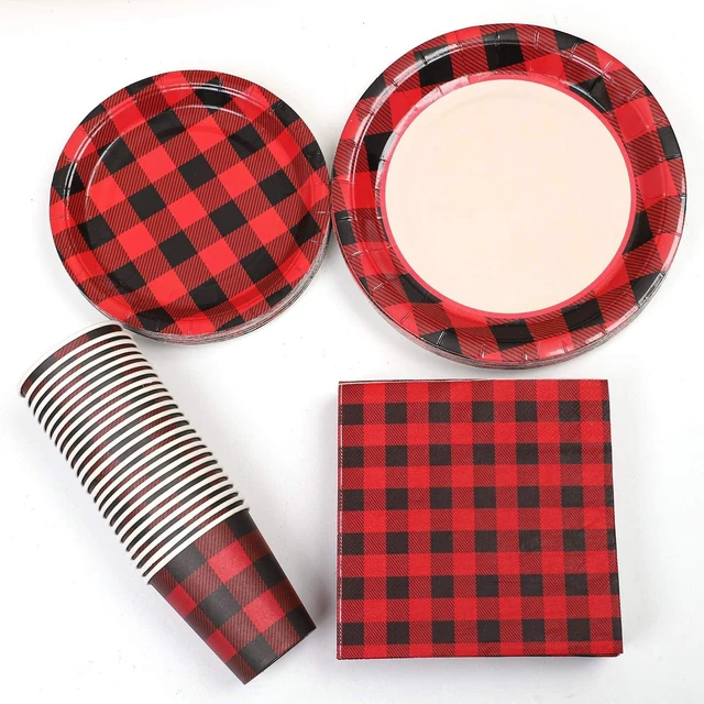 Alt view image 11 of 14 - Aneco 122 Pieces Red and Black Buffalo Plaid Party Supplies Disposable Party Tableware Set 7 and 9 Inches Paper Plates Cups Napkins for 24 Guests