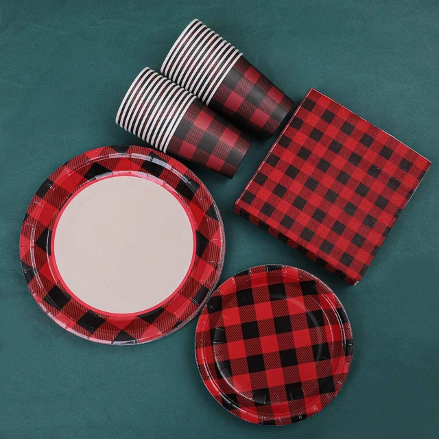 Alt view image 12 of 14 - Aneco 122 Pieces Red and Black Buffalo Plaid Party Supplies Disposable Party Tableware Set 7 and 9 Inches Paper Plates Cups Napkins for 24 Guests