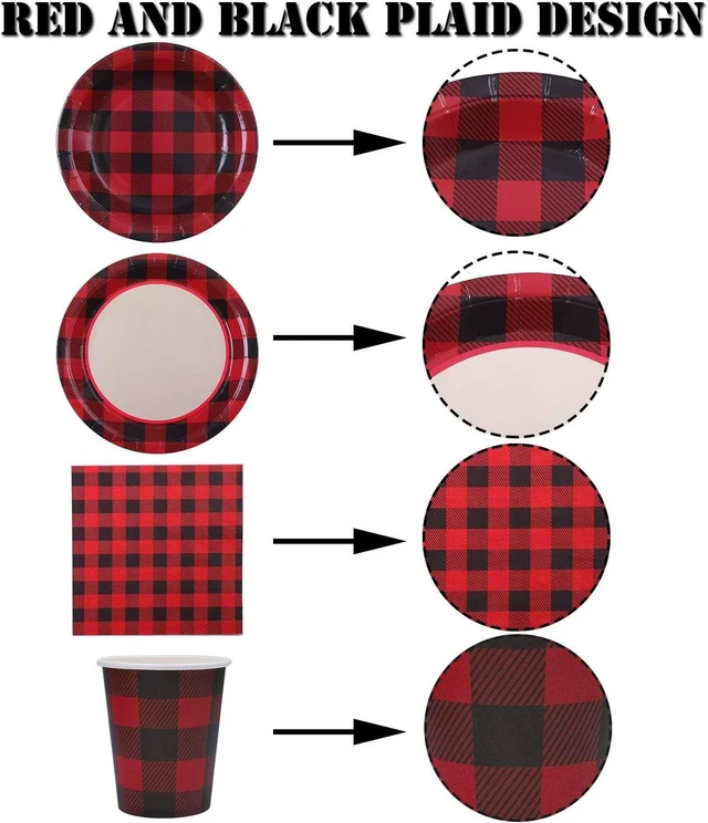 Alt view image 10 of 14 - Aneco 122 Pieces Red and Black Buffalo Plaid Party Supplies Disposable Party Tableware Set 7 and 9 Inches Paper Plates Cups Napkins for 24 Guests