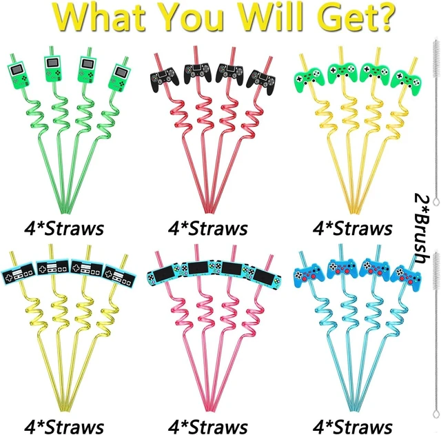 Alt view image 9 of 12 - 24 Video Game Party Favors Game Controller Drinking Straws Goodie Gifts for Kids Gamer Birthday Party Supplies, Game On Party Supplies with 2 PCS Cleaning Brushes