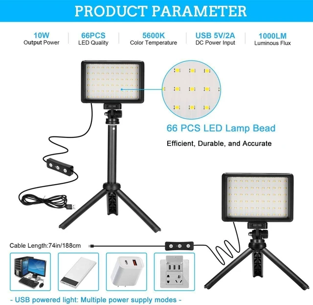 Alt view image 10 of 14 - LED Video Light 2-Pack, 5600K Dimmable USB Photo Lights with Mini Tripod and Colored Filters for Photo Studios, Small Angle Shooting, Video Recording, Game Streaming