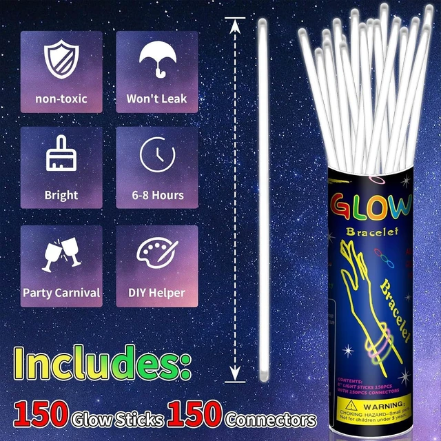 Alt view image 9 of 14 - 150 Pack 8 White Glow Sticks Bulk with 150 Connectors Neon Glow In The Dark Party favors Supplies for Holiday Birthday Party Decoration (White)