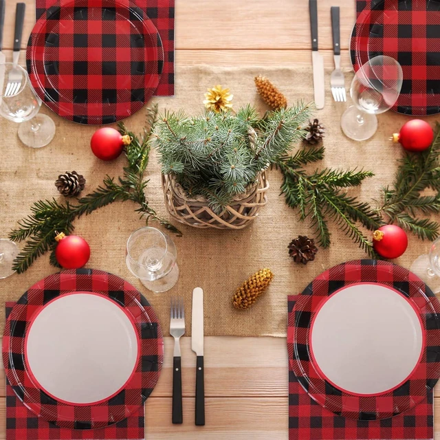 Alt view image 14 of 14 - Aneco 122 Pieces Red and Black Buffalo Plaid Party Supplies Disposable Party Tableware Set 7 and 9 Inches Paper Plates Cups Napkins for 24 Guests