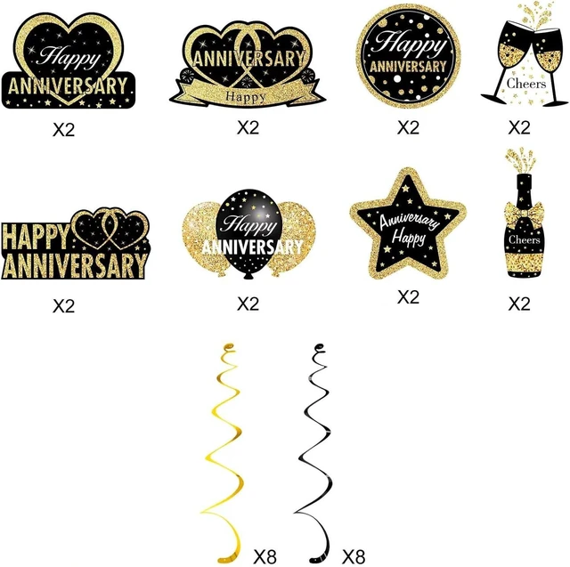 Alt view image 8 of 12 - 16Pcs Black Gold Happy Wedding Anniversary Hanging Swirls Decorations, Stars Theme Party Supplies, 30th-60th Anniversary Ceiling Decor