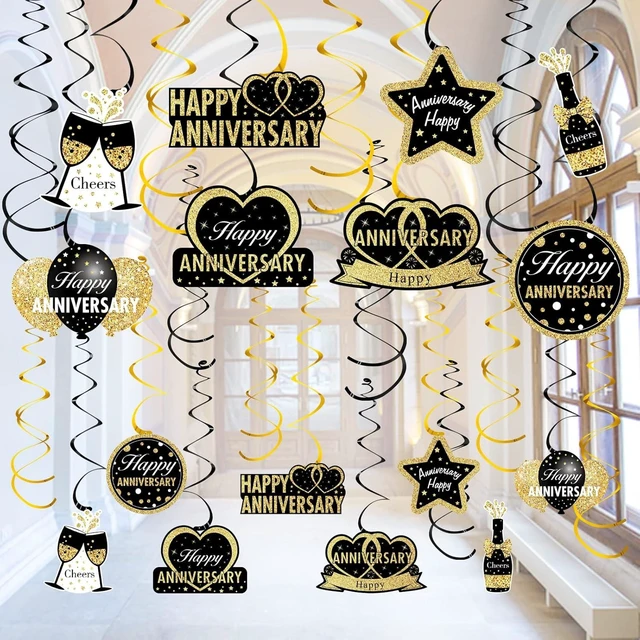 Alt view image 7 of 12 - 16Pcs Black Gold Happy Wedding Anniversary Hanging Swirls Decorations, Stars Theme Party Supplies, 30th-60th Anniversary Ceiling Decor