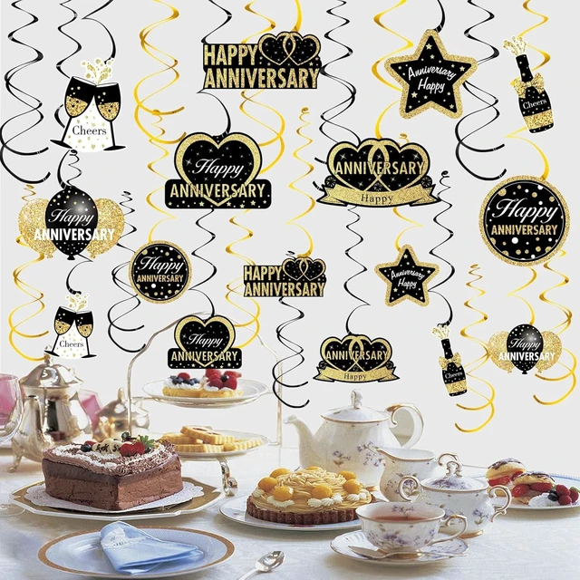 Alt view image 10 of 12 - 16Pcs Black Gold Happy Wedding Anniversary Hanging Swirls Decorations, Stars Theme Party Supplies, 30th-60th Anniversary Ceiling Decor